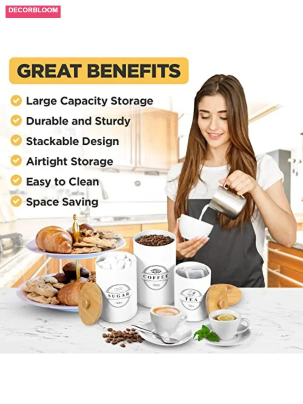 Airtight Tea Coffee Sugar Container Set - Stackable Kitchen Canisters